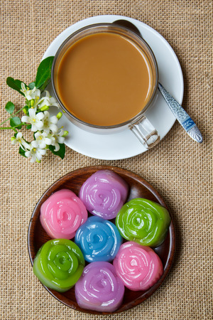 Layer Sweet Cake (Kanom Chan),  kind of Thai sweetmeat and coffee.の写真素材