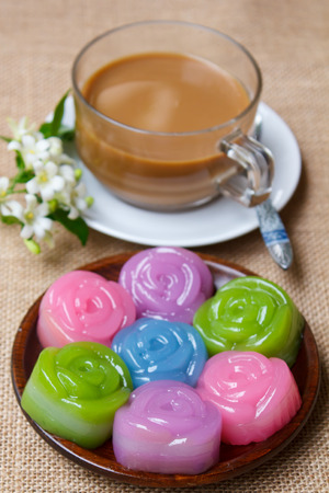 Layer Sweet Cake (Kanom Chan),  kind of Thai sweetmeat and coffee.の写真素材