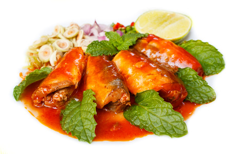 Spicy Sardines in tomato sauce canned fish,Yum thai food style.の写真素材