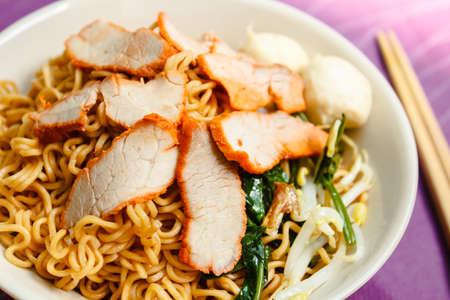 Noodle soup with barbecue pork, thai food style.の写真素材
