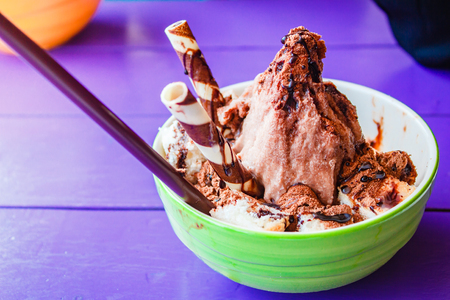 Shaved ice, thai style dessert made of shaved ice, bread, sweetened condensed milk.の写真素材