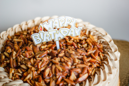Genoise coffee cake, coffee almond cake, happy birth day.の写真素材