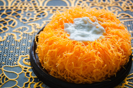 Gold Egg Yolk Thread Cakes or Cake Foi Tong Lava Cake, Thai cake.