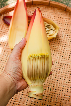 Banana blossom on bamboo tray in Thailand.の写真素材