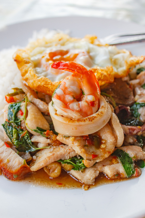 Rice topped with stir-fried pork, squid, shrimp, chicken, crispy pork and basil and fried egg.の写真素材
