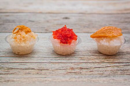 Sweet sticky rice with thai custard, Sweet sticky rice with shrimp topping, Thai Dessert.