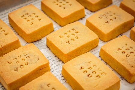 Pineapple cake is a sweet traditional Taiwanese pastry containing butter, flour, egg, sugar, and pineapple jam.の写真素材