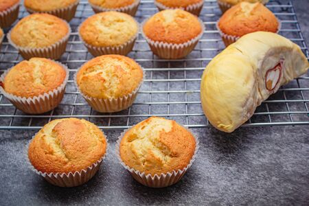 Homemade durian cupcakes on rock table, durian cake.の写真素材