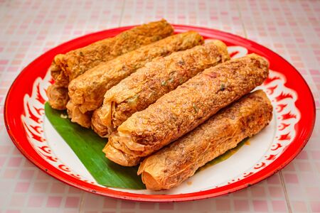 Deep fried shrimp and pork meat rolls, Chinese food style.の写真素材