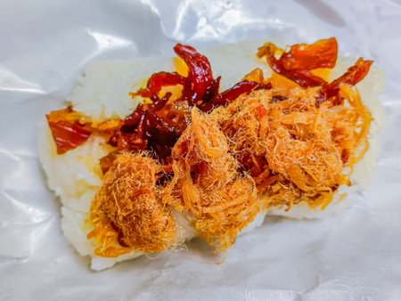 Thai food is "khao niew moo tod", Sticky rice and deep fried pork food thai style.の写真素材