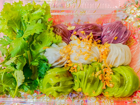 Thai steamed pork dumplings or Khao griep pag mor. Made from rice flour wrapped with various types of filling.の写真素材