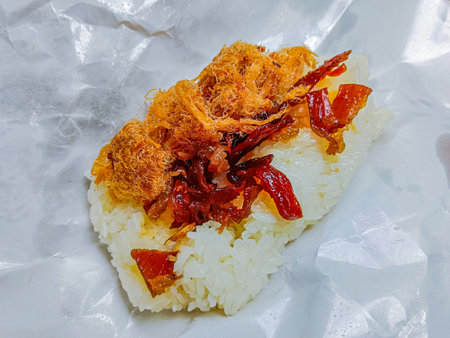 Thai food is "khao niew moo tod", Sticky rice and deep fried pork food thai style.の写真素材