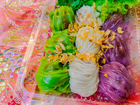 Thai steamed pork dumplings or Khao griep pag mor. Made from rice flour wrapped with various types of filling.の写真素材