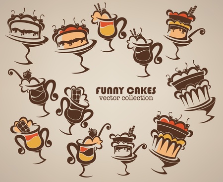 collection of funny cakes and sweet hot drinksのイラスト素材