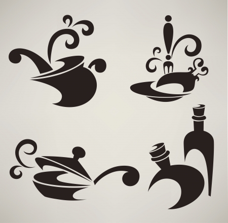 collection of cooking equipment silhouettes and symbolsのイラスト素材