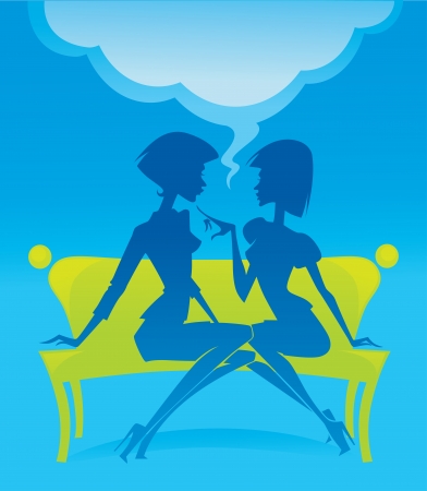 fashionable chatting girls silhouettes sitting on green benchのイラスト素材