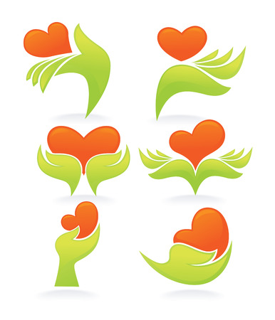 vector collection of green hands and bright red heartsのイラスト素材