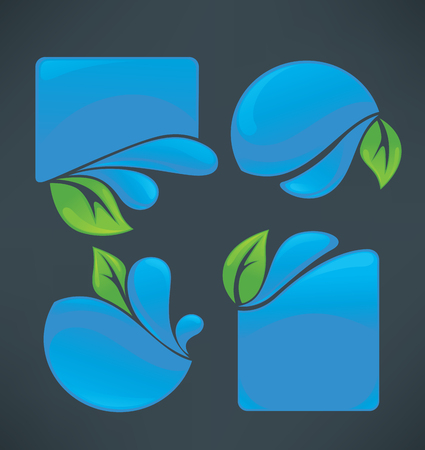 vector collection of water stickers and green leaves symbols on dark backgroundのイラスト素材