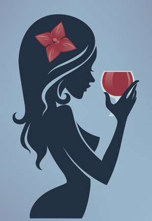 vector commercial background with girl and glass of red wineのイラスト素材