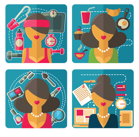 vector cartoon woman in different enviromentsのイラスト素材