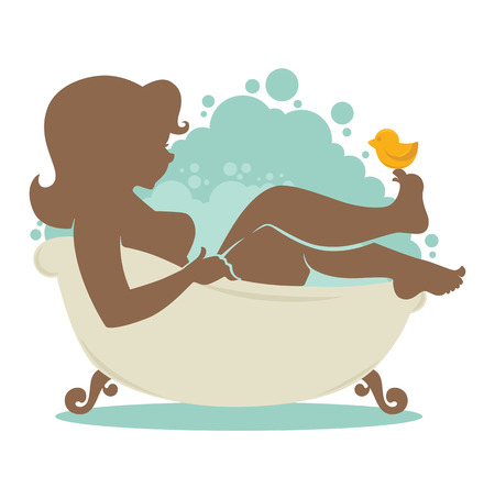 silhouette of beautiful woman taking a bath in bathtub, cartoon styleのイラスト素材