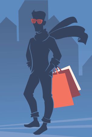 vector silhouette of handsome man with shopping bagsのイラスト素材