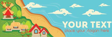 little farm village, vector background in cartoon styleのイラスト素材