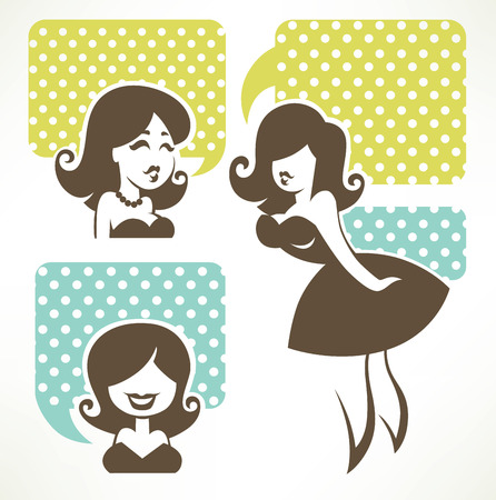 chatting girls, vector set of  retro girls images with speech bubblesのイラスト素材