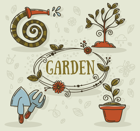 hand drawn gardening icons in doodle styleのイラスト素材