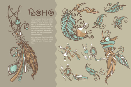 Boho chic, collection of vector hand drawn elementsのイラスト素材