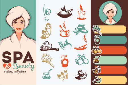 beautiful cartoon woman and natural spa icons, emblems and backgrounds collectionのイラスト素材