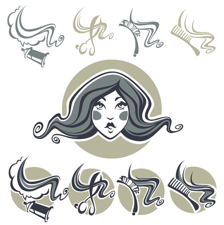 vector collection of  hairdresser equipment and woman portraitのイラスト素材