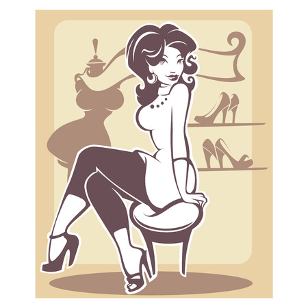 I love shopping, vector monochrome illustration in retro styleのイラスト素材