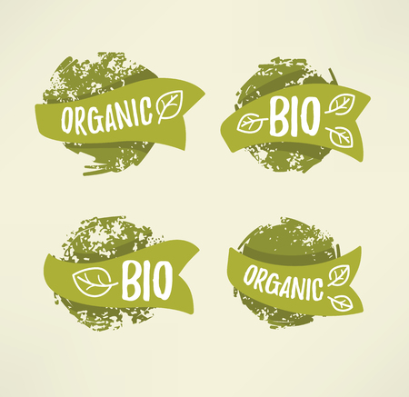 bio and organic stickers, labels and badges, handdrawn styleのイラスト素材