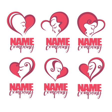 beauty and love, vector collection of hert shape logo with woman face insideのイラスト素材