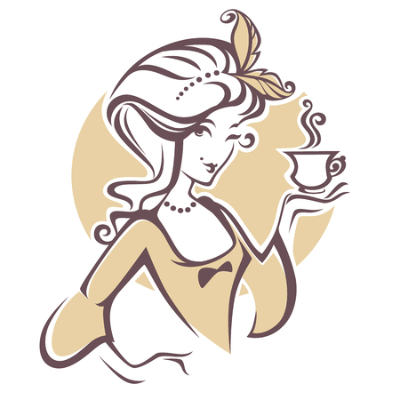 historical woman with cup of tea, logo for restourant, cafe or tea companyのイラスト素材