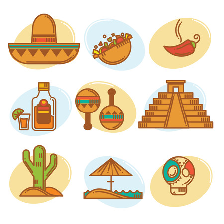 Go to Mexico, vector mexican symbols emblems and icons collection, line art styleのイラスト素材