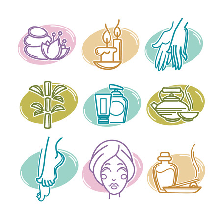 natural spa icons, emblems and symbols, linear styleのイラスト素材