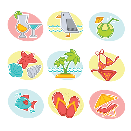 happy summer time, collection of symbols, emblems and icons in linear styleのイラスト素材