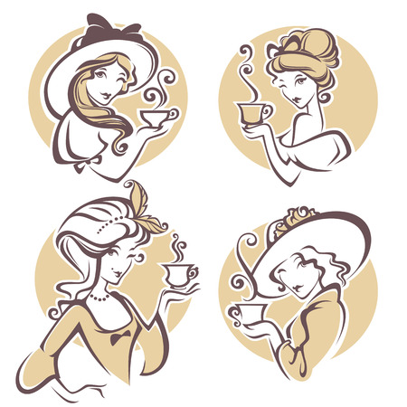 set of different historical womans with cup of tea, cafe or tea companyのイラスト素材