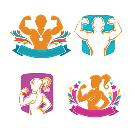 fitness, gym and work out for man and woman, bright template collectionのイラスト素材