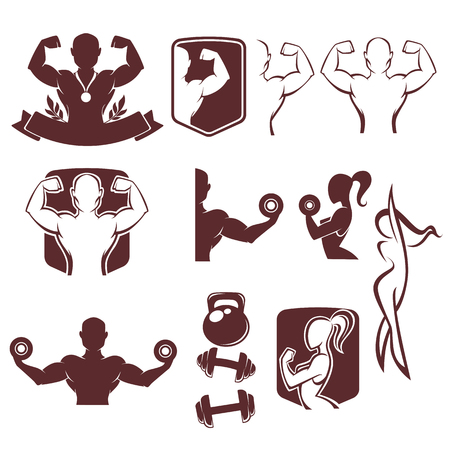 fitness, gym and work out for man and woman, emlems and collectionのイラスト素材