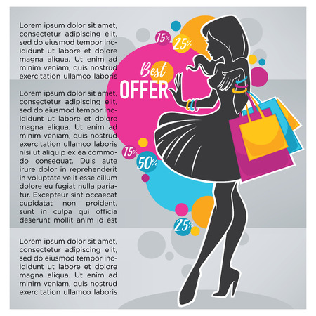 bright shopping background with elegant woman silhouette and shoppind bagsのイラスト素材
