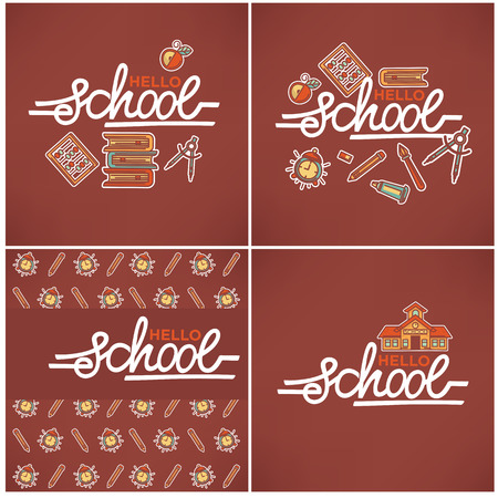 Hello school, vector educational banner design template collection with heand drawn letteringのイラスト素材