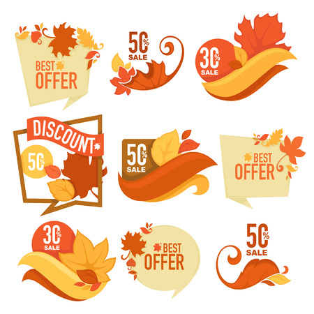 the best offer, super sale, vector collection of bright autumn discount bubble tags, banners and stickersのイラスト素材