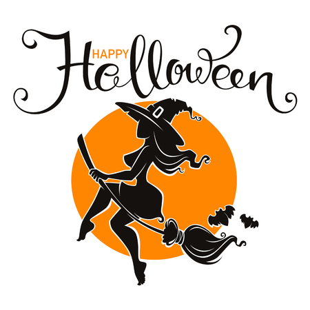 halloween party invitation or greeting card  with attractive witch silhouette and lettering composition, template designのイラスト素材