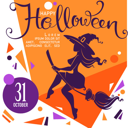 chaotic halloween party invitation or greeting card with attractive witch silhouette and lettering composition, template designのイラスト素材