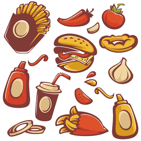 vector collection of fast food objects and ingredient for your american menuのイラスト素材