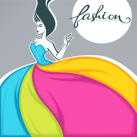 girl in dress look like a colorful fabric, fashion banner, card, sticker, flyer background vector templateのイラスト素材