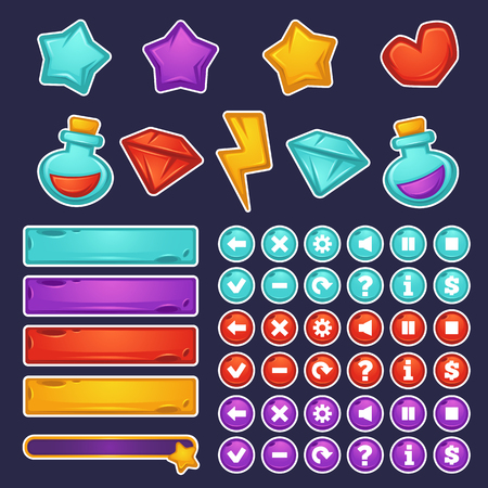 vector set of cartoon object and icons for graphical user interface to build 2D gamesのイラスト素材